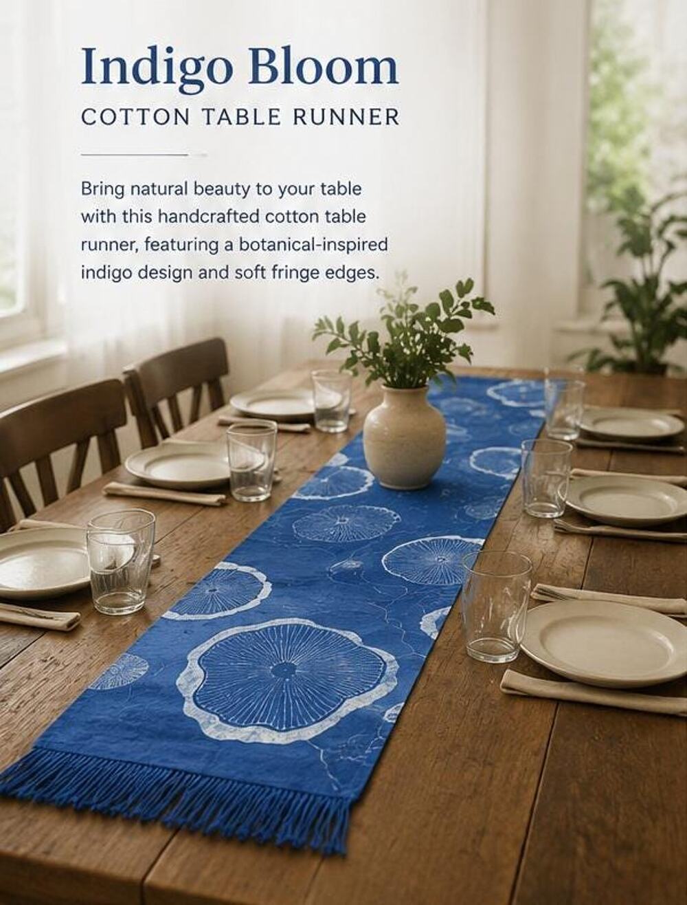 Handmade Cotton Table Runner | Indigo Batik | Lotus Decor | Botanical Dining